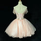 Vintage Pink Beaded Embroidery A-Line Homecoming Dress Spaghetti Strap Party Dress Short Chiffon Cocktail Dress, DP6558
