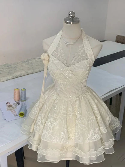 Vintage Ivory Lace A-Line Homecoming Dress Sequin Party Dress Short Halter-neck Cocktail Dress, DP6598