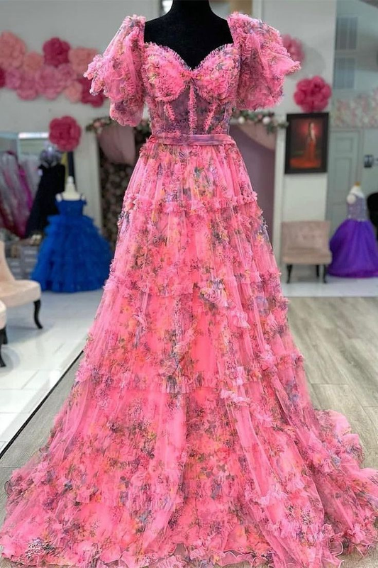 Off the Shoulder Floral Print A-Line Long Prom Dress,DP0256