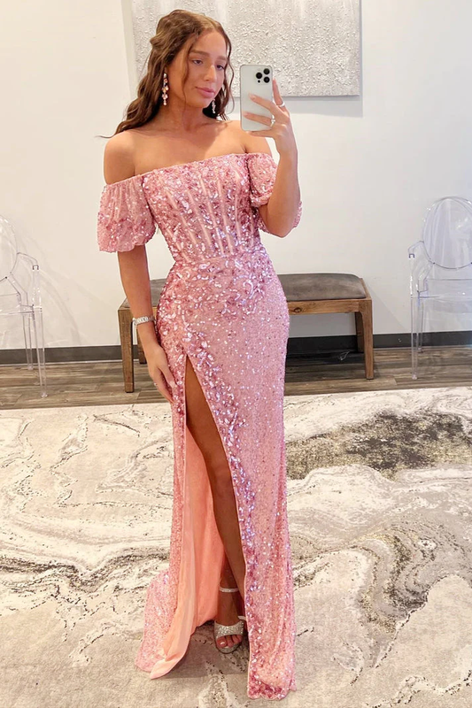 Pink Off Shoulder Sparkle Sequined Beaded Long Prom Party Dress with Slit,DP1000