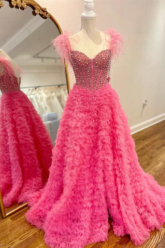 Hot Pink Off Shoulder Beaded Tulle Tiered Long Prom Party Dress with Slit,DP1001