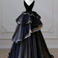 Black V Neck Tulle Tiered Long Formal Prom Dress Party Gown,DP1002