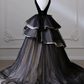 Black V Neck Tulle Tiered Long Formal Prom Dress Party Gown,DP1002