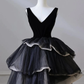 Black V Neck Tulle Tiered Long Formal Prom Dress Party Gown,DP1002