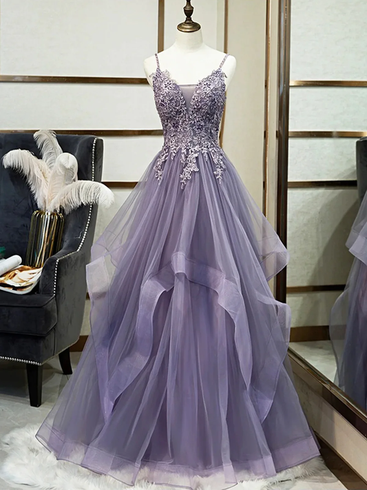 Purple A-Line Tulle Appliques Long Prom Party Dress with Beading,DP1004