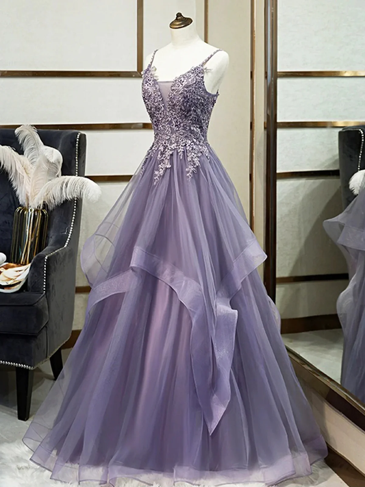 Purple A-Line Tulle Appliques Long Prom Party Dress with Beading,DP1004