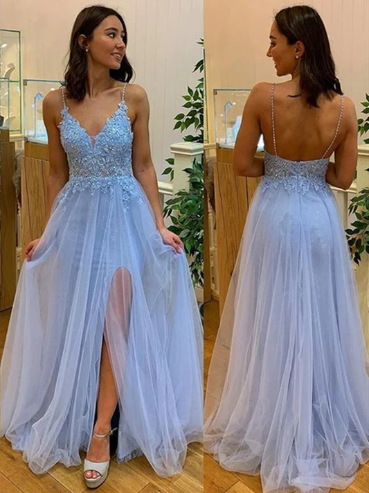 Light Blue Backless A-Line Tulle Appliques Long Prom Dress,DP1006