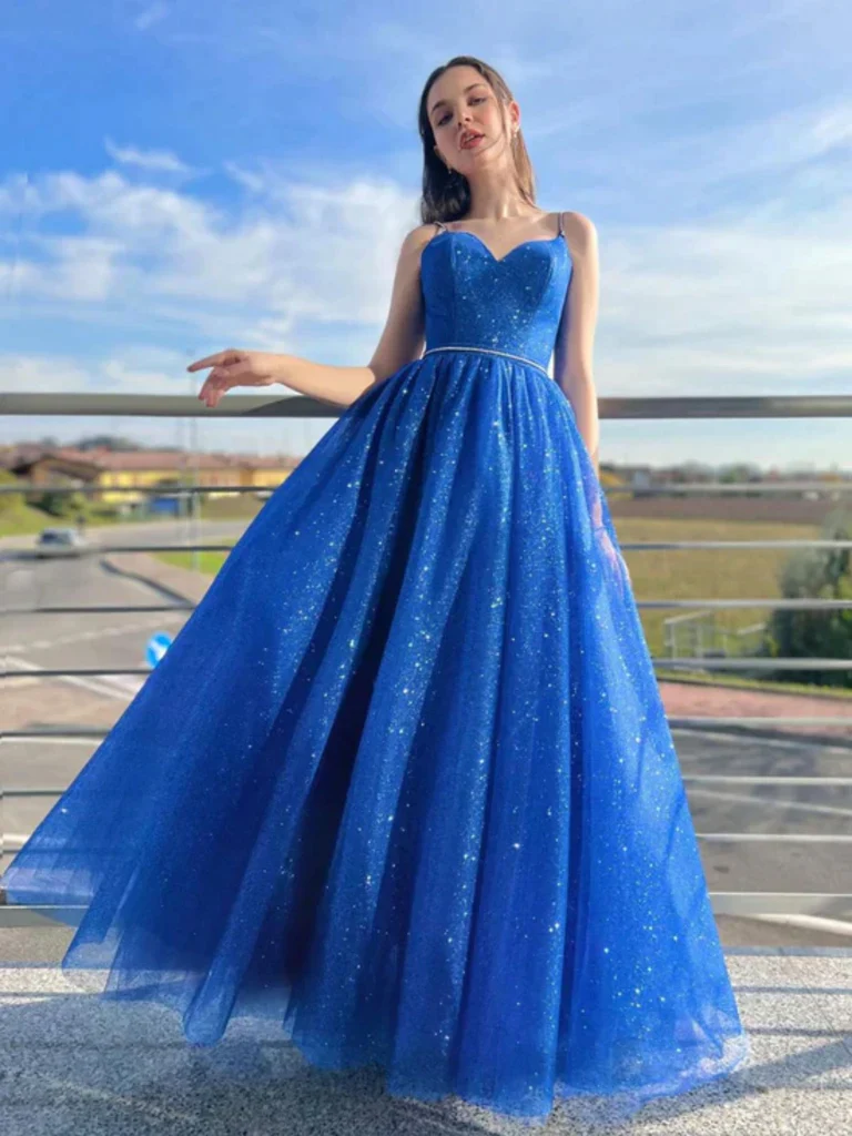 Royal Blue A-Line Spaghetti Straps Tulle Long Prom Dress,DP1007