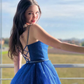 Royal Blue A-Line Spaghetti Straps Tulle Long Prom Dress,DP1007