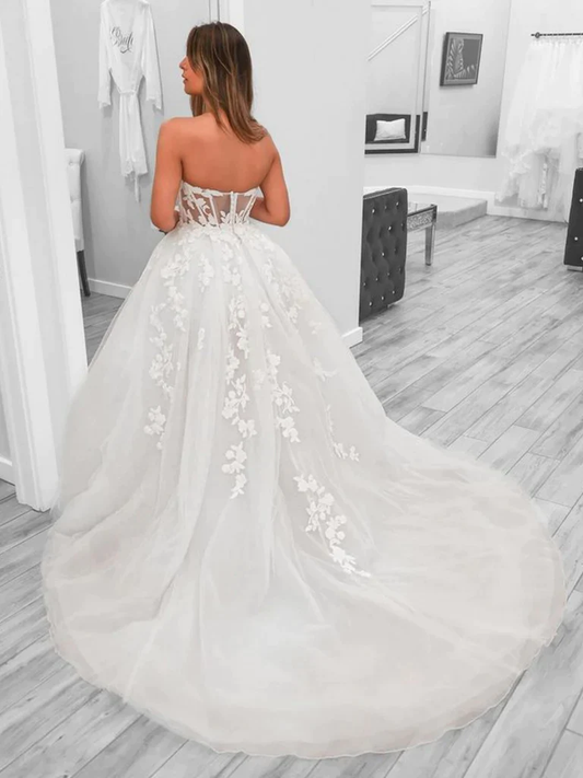 White Sweetheart Tulle Appliques Long Prom Dress Wedding Dress,DP1008