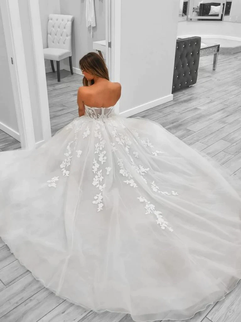 White Sweetheart Tulle Appliques Long Prom Dress Wedding Dress,DP1008