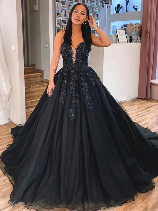 Black V Neck Tulle A-Line Long Prom Dress with Appliques,DP1010