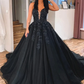 Black V Neck Tulle A-Line Long Prom Dress with Appliques,DP1010