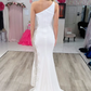 White One Shoulder Mermaid Long Prom Dress with Beads,DP1012