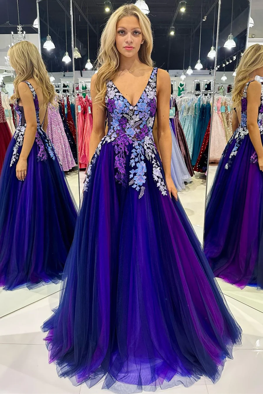 Purple Backless Tulle Appliques Formal Party Dress,DP1013