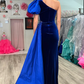 Royal Blue One Shoulder Velvet Long Prom Dress,DP1014