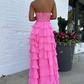 Hot Pink Halter Open Back Chiffon Tiered Long Prom Dress,DP1015