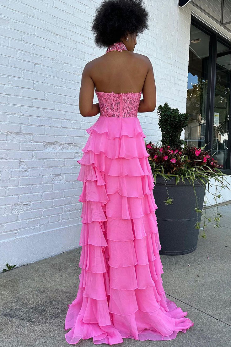 Hot Pink Halter Open Back Chiffon Tiered Long Prom Dress,DP1015