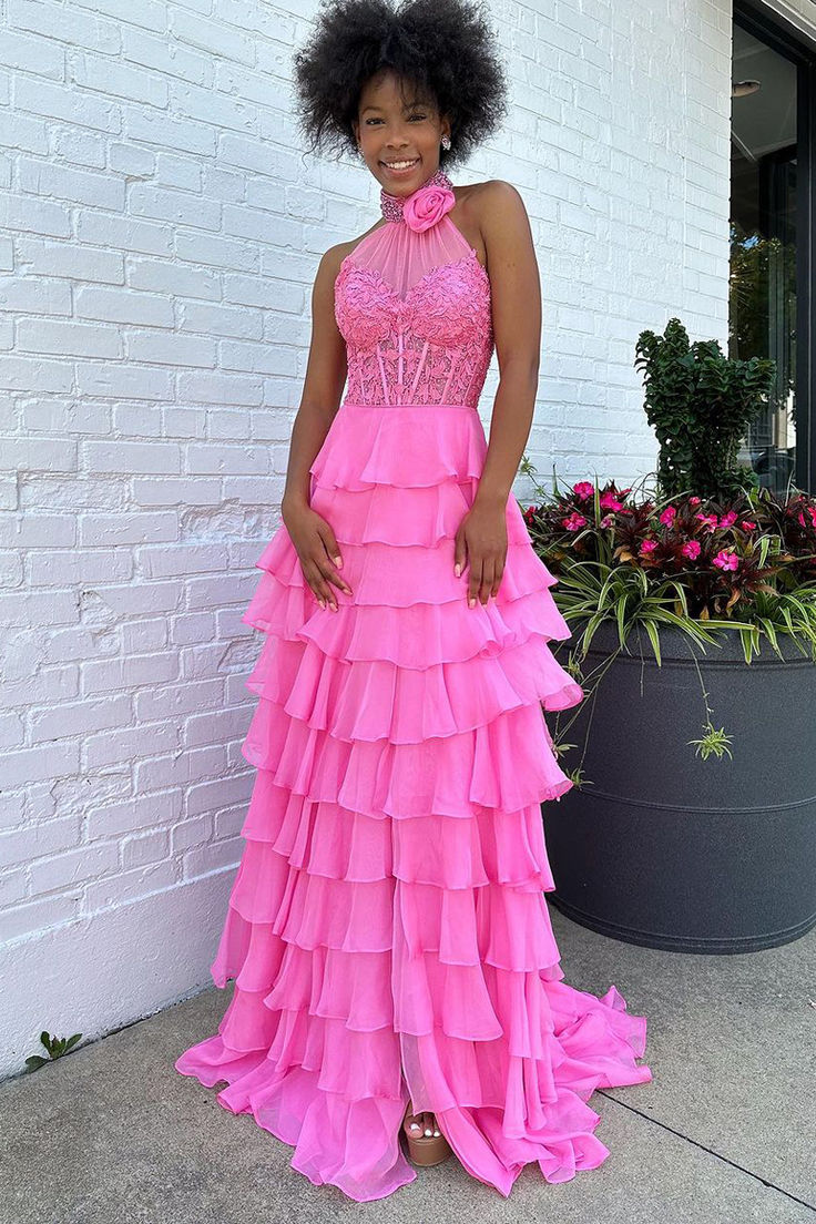 Hot Pink Halter Open Back Chiffon Tiered Long Prom Dress,DP1015