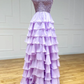 Hot Pink Halter Open Back Chiffon Tiered Long Prom Dress,DP1015