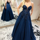 Navy A-Line Tulle Appliques Long Prom Dress,DP1016