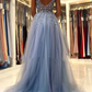 Dusty Blue A-Line Tulle BeadsLong Prom Dress with Slit,DP1017