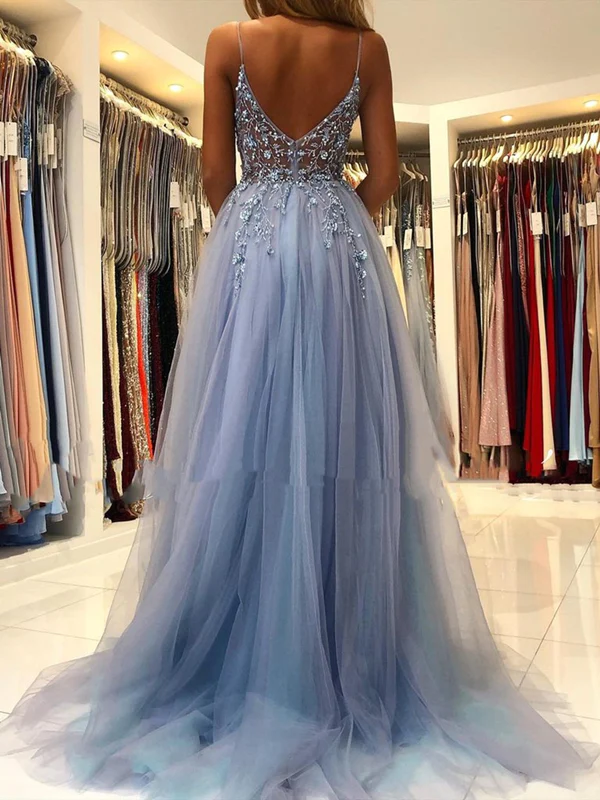 Dusty Blue A-Line Tulle BeadsLong Prom Dress with Slit,DP1017