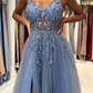 Dusty Blue A-Line Tulle BeadsLong Prom Dress with Slit,DP1017