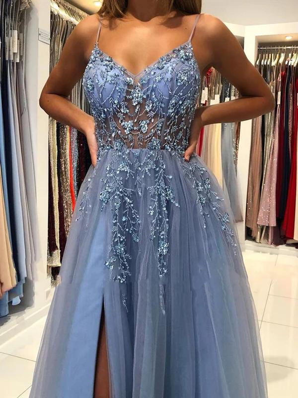 Dusty Blue A-Line Tulle BeadsLong Prom Dress with Slit,DP1017