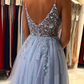 Dusty Blue A-Line Tulle BeadsLong Prom Dress with Slit,DP1017