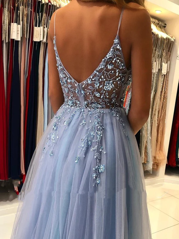 Dusty Blue A-Line Tulle BeadsLong Prom Dress with Slit,DP1017