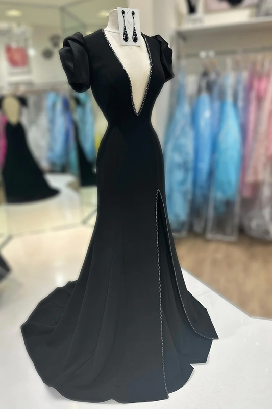 Sexy Black Deep V Neck Short Sleeves Long Prom Dress,DP1021