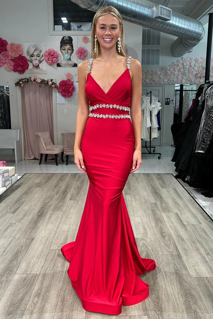 Sexy Red V Neck Satin Long Prom Dress with Beads,DP1022