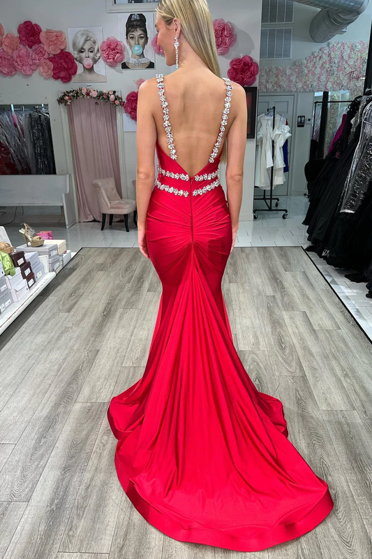 Sexy Red V Neck Satin Long Prom Dress with Beads,DP1022