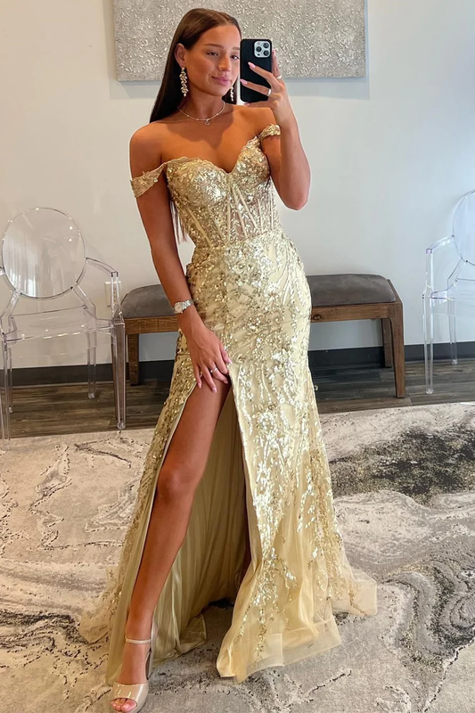 Charming Gold Off Shoulder Sequined Long Prom Dress wiith Slit,DP1023