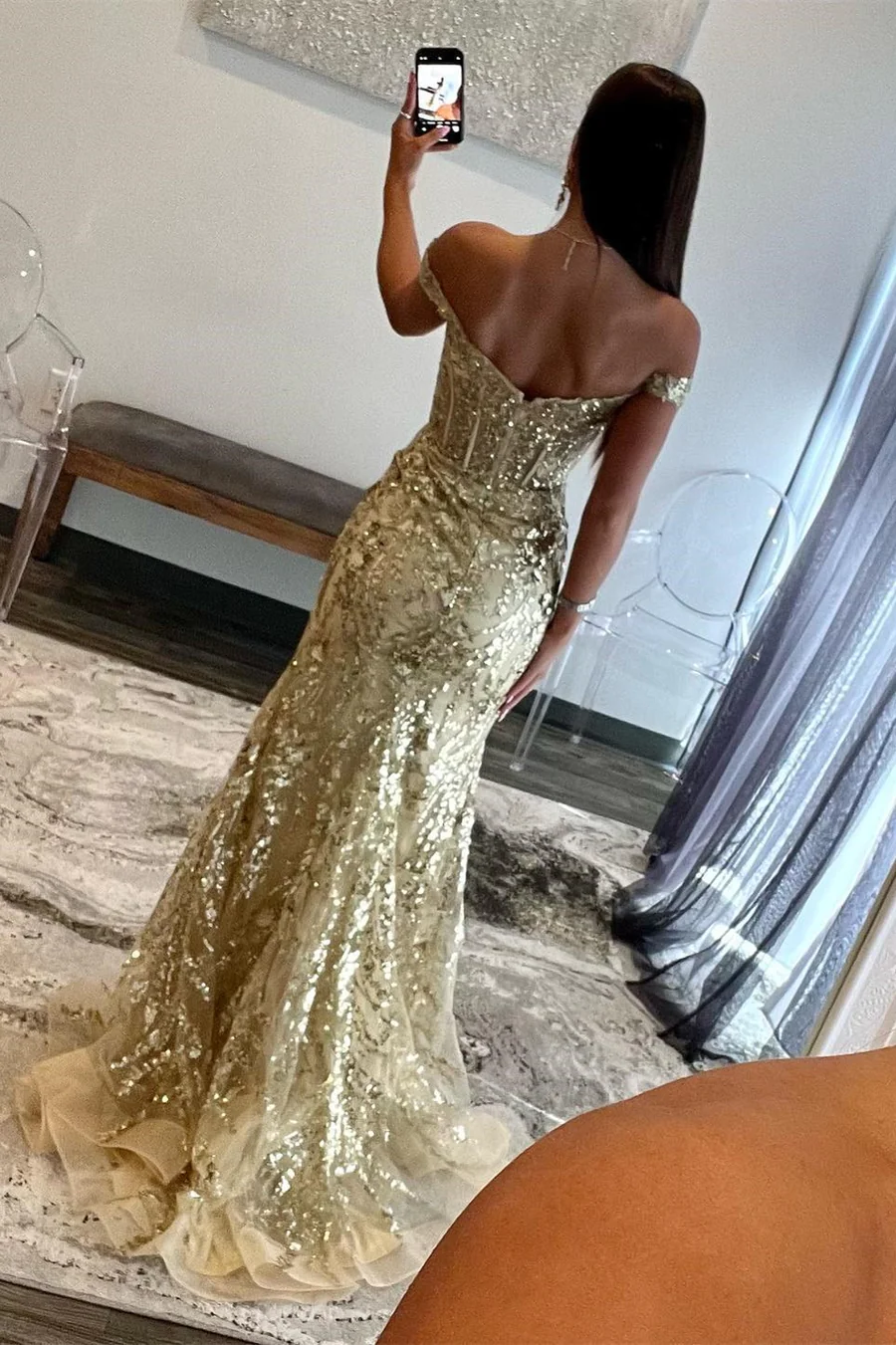 Charming Gold Off Shoulder Sequined Long Prom Dress wiith Slit,DP1023