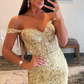 Charming Gold Off Shoulder Sequined Long Prom Dress wiith Slit,DP1023