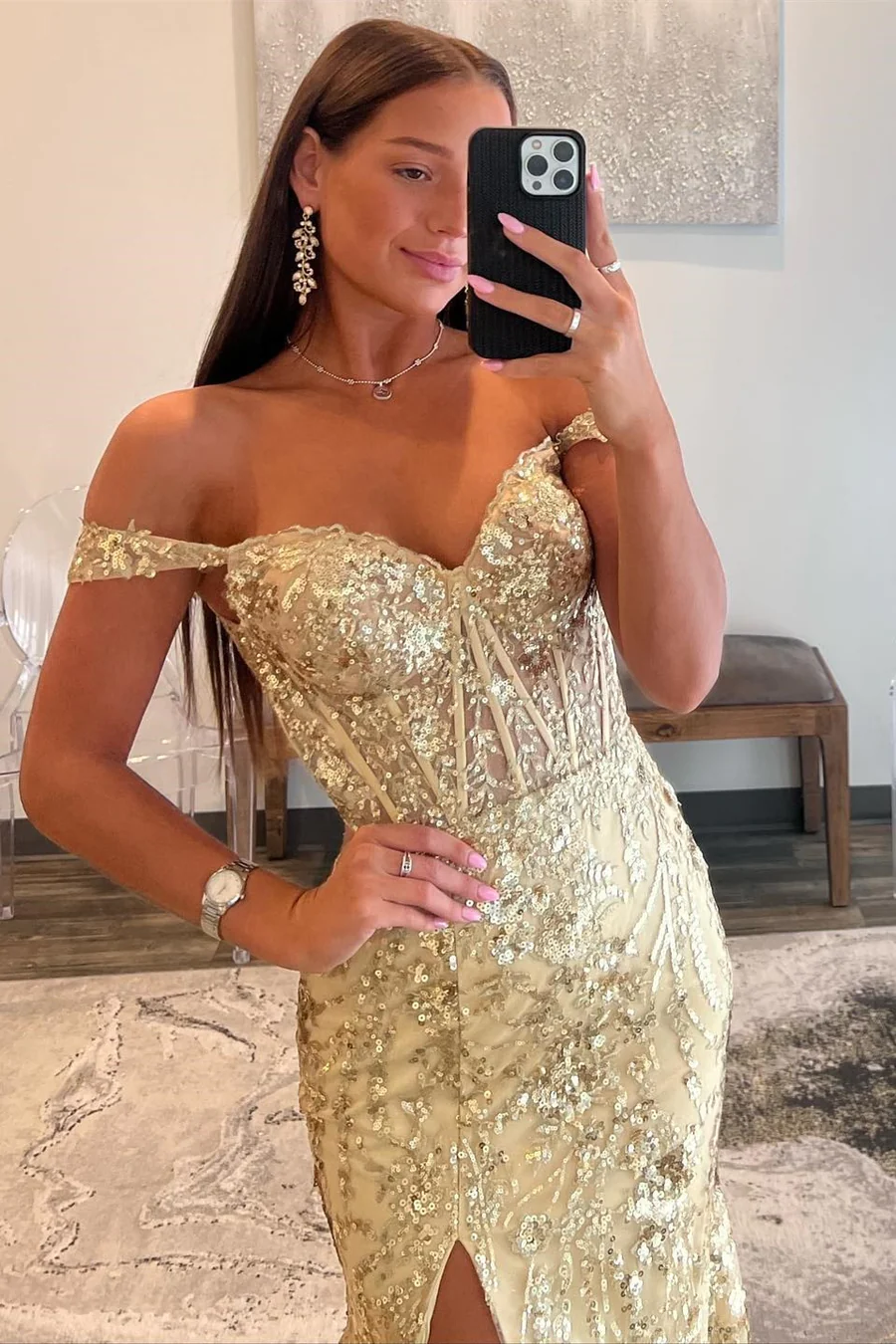 Charming Gold Off Shoulder Sequined Long Prom Dress wiith Slit,DP1023