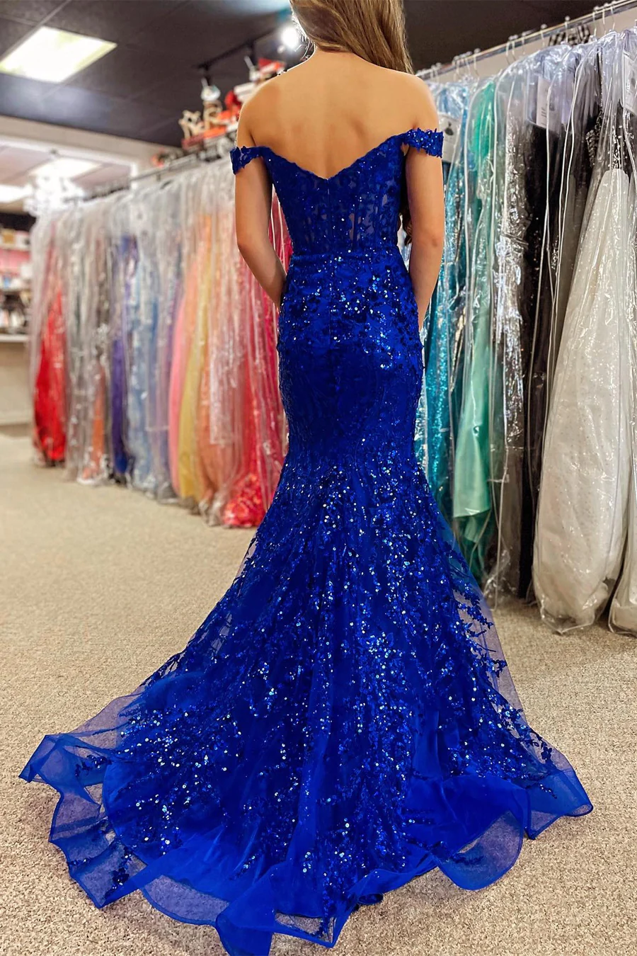 Charming Gold Off Shoulder Sequined Long Prom Dress wiith Slit,DP1023