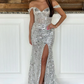 Charming Gold Off Shoulder Sequined Long Prom Dress wiith Slit,DP1023