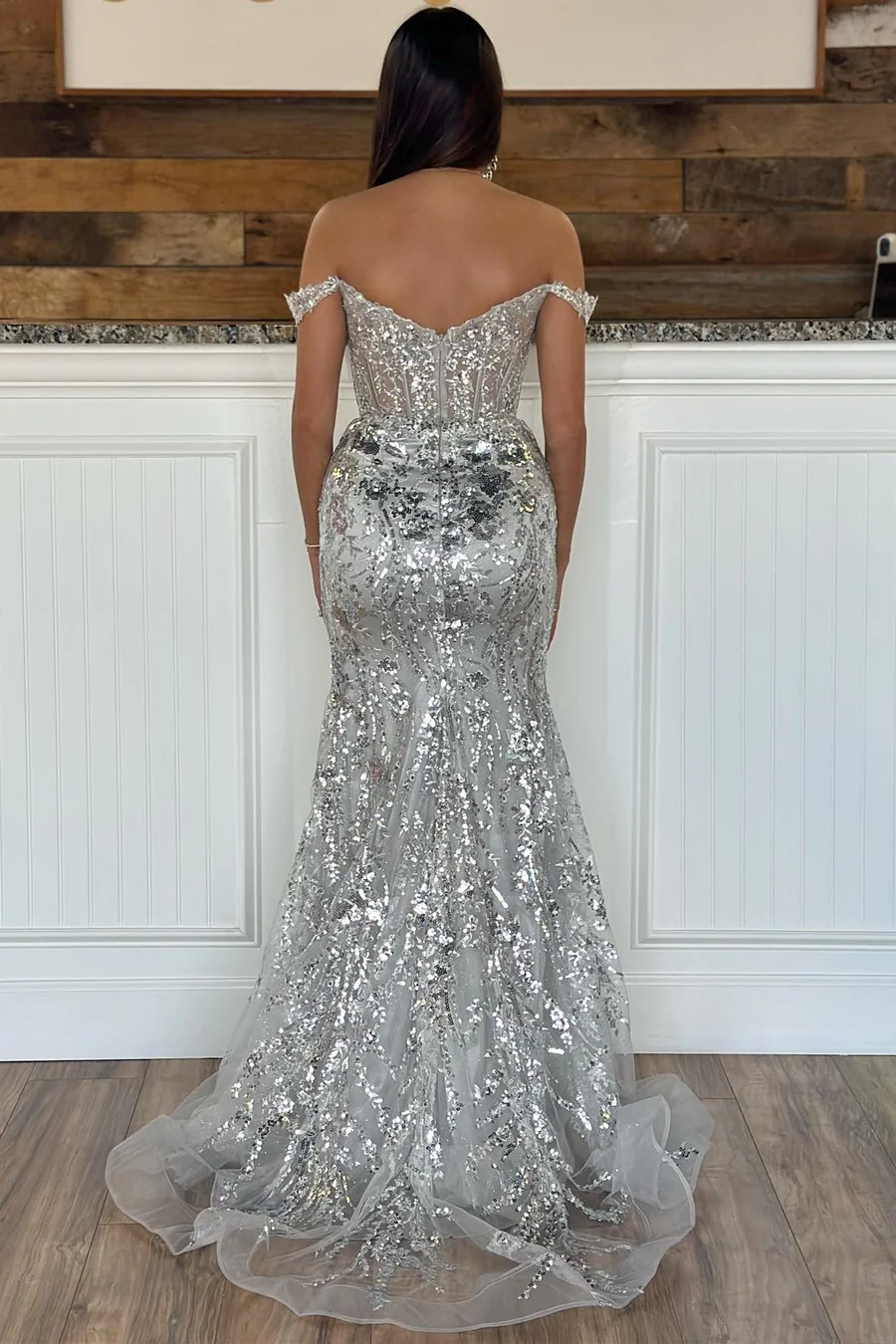 Charming Gold Off Shoulder Sequined Long Prom Dress wiith Slit,DP1023