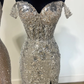 Charming Gold Off Shoulder Sequined Long Prom Dress wiith Slit,DP1023