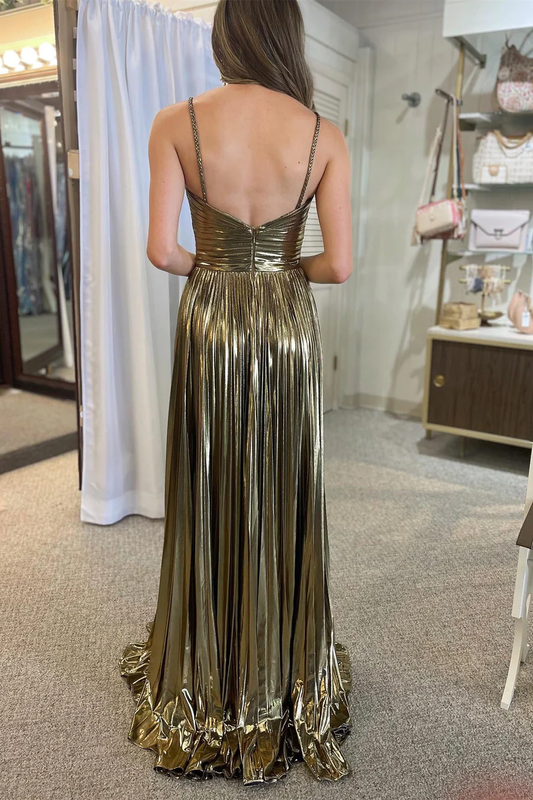 Gold Sleeveless A-Line Simple Long Prom Dress with Slit,DP1024