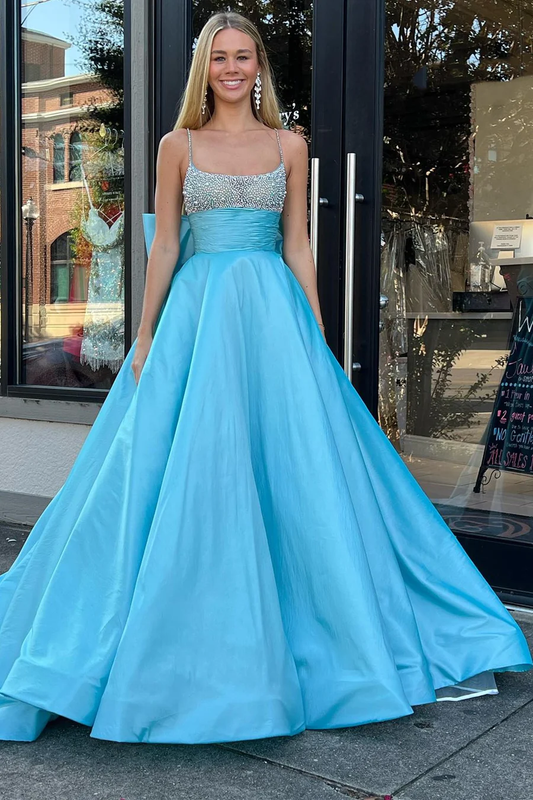 Princess Blue Bow Beading A-Line Long Prom Dress Birthday Dress,DP1025