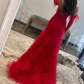 Red Charming One Shoulder Tulle Tiered Mermaid Prom Dress,DP1026