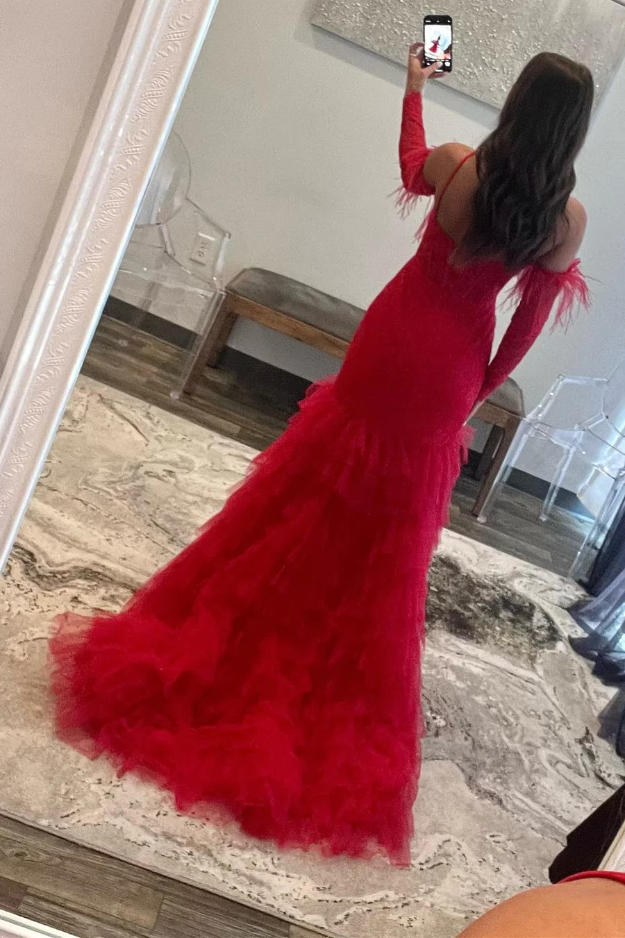 Red Charming One Shoulder Tulle Tiered Mermaid Prom Dress,DP1026