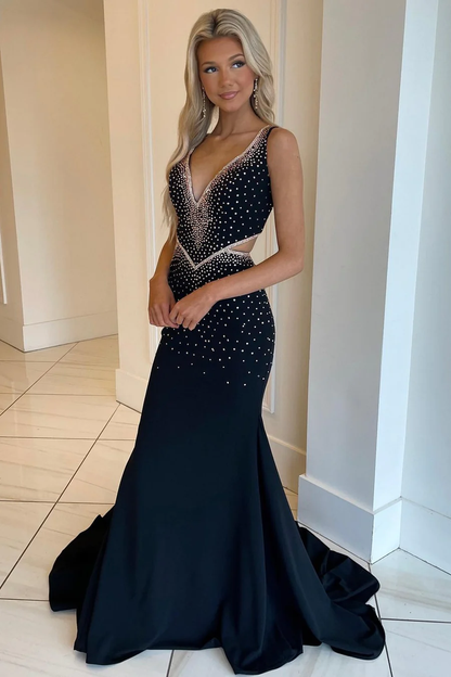 Black V Neck Beading Mermaid Long Prom Dress,DP1028