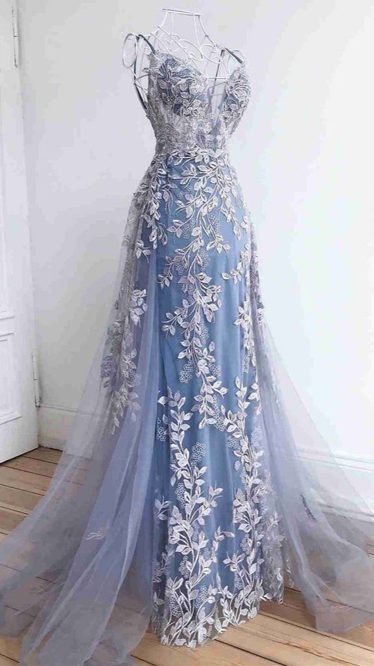 Blue Tulle Appliques Prom Dress Long Party Dress,DP1031