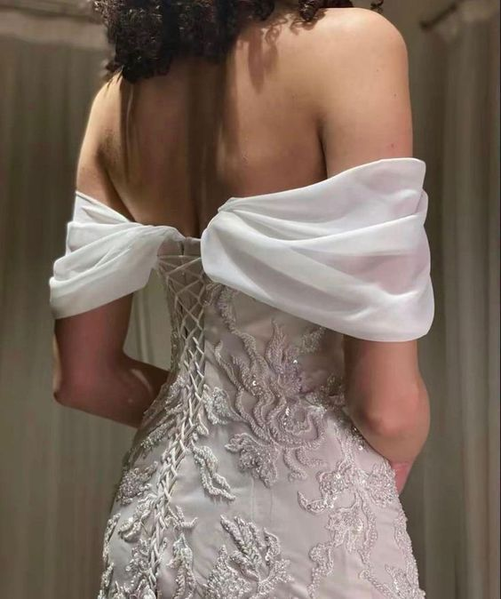 Gorgeous White Off Shoulder Beading Appliques Long Prom Dress Wedding Dress,DP1032