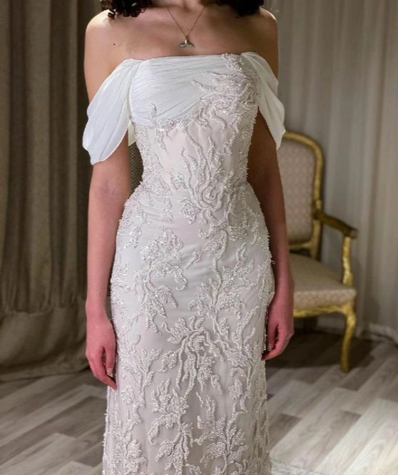 Gorgeous White Off Shoulder Beading Appliques Long Prom Dress Wedding Dress,DP1032